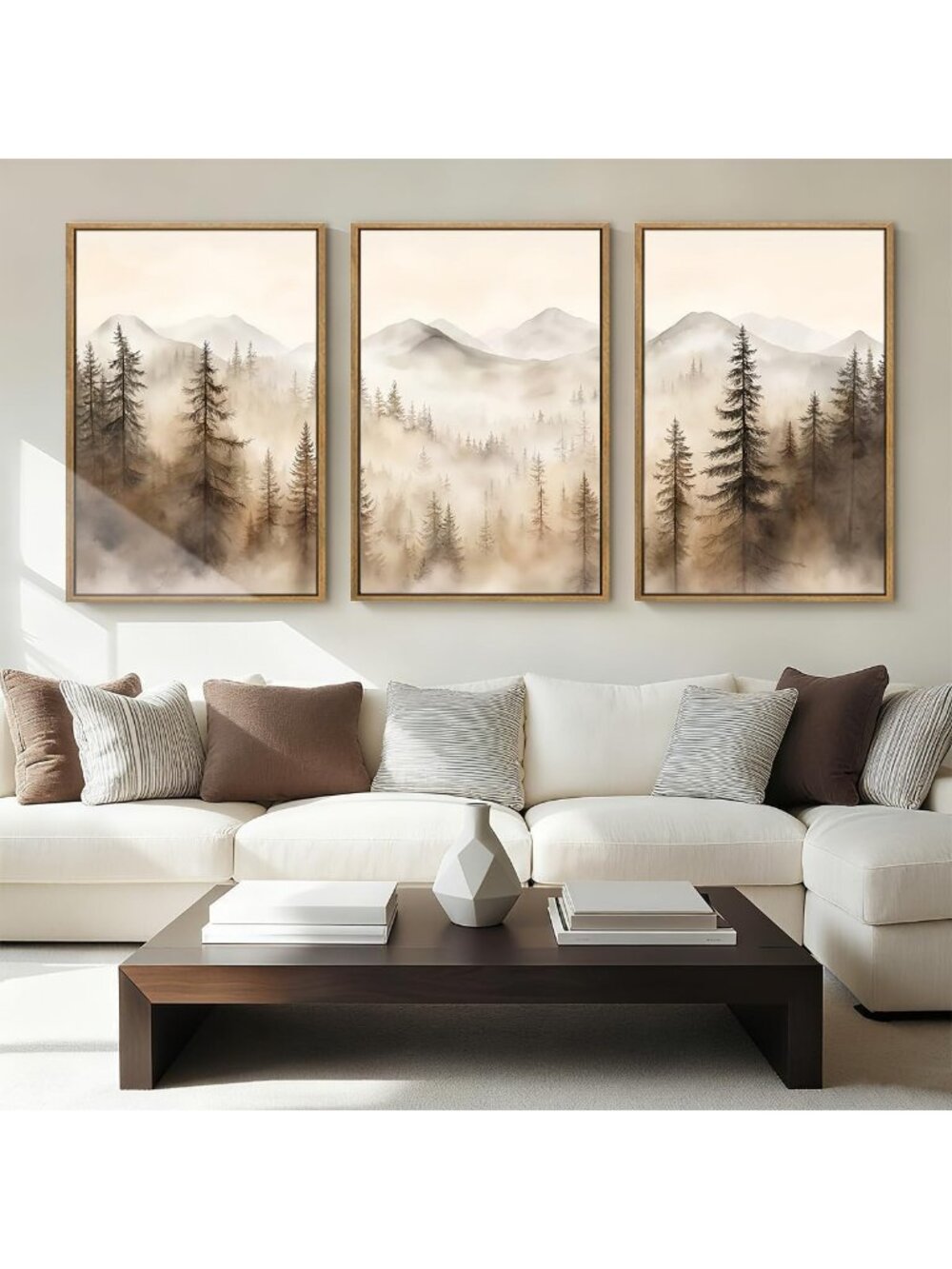 Large Mountain Forest Canvas Wall Art Set of 3 - Abstract Misty Woodland Prints